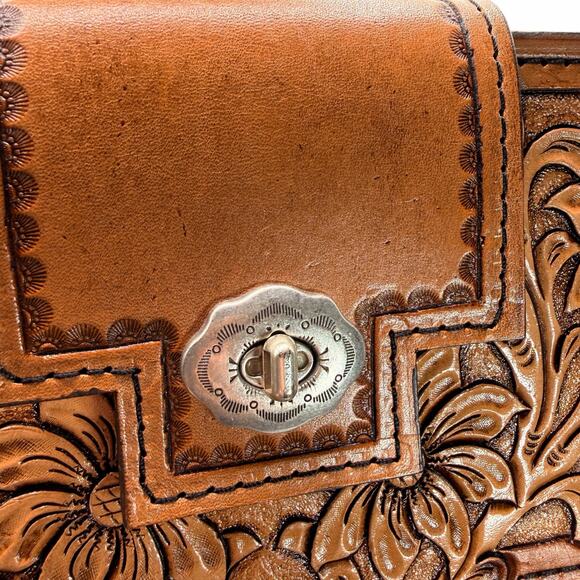 John Wheeler Maker Hand Tooled Leather Floral Shoulder Bag Western Boho Brown - Picture 8 of 14